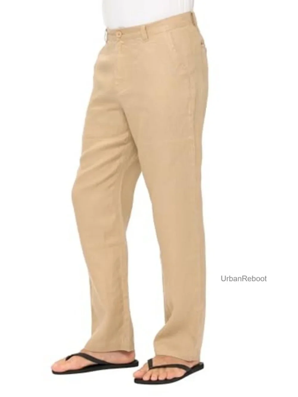 Men's 100% Linen Casual Pants Button Closure Mid Rise Straight Leg